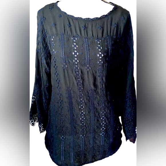 SOLD Johnny Was Black Embroidered Eyelet Lace S (fit M) Long Bell Sleeve Tunic - Picture 10 of 16